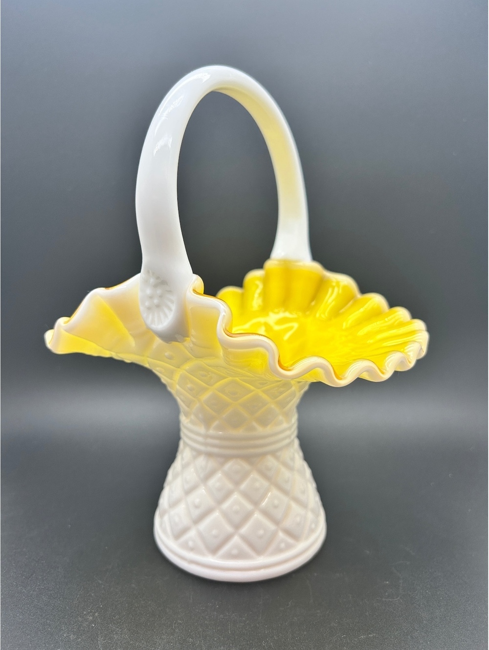 Kanawha Cased Glass Basket #324 Diamond Dot in Yellow/white